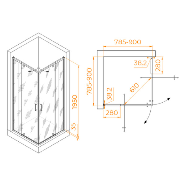 Комплект: Угол RGW PA-038 + поддон RGW CR стекло прозрачное, профиль хром (350803888-11, 19170188-01)
