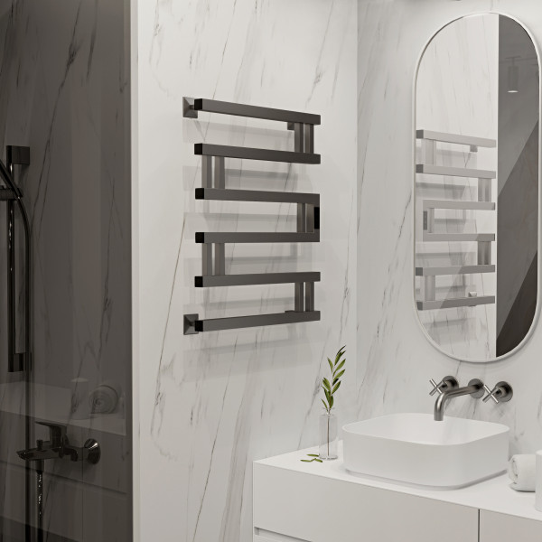 Полотенцесушитель электрический Indigo Muza 600x500 таймер, скрыт.провод справа, Gun Metal (DGM60-50GNSRt)