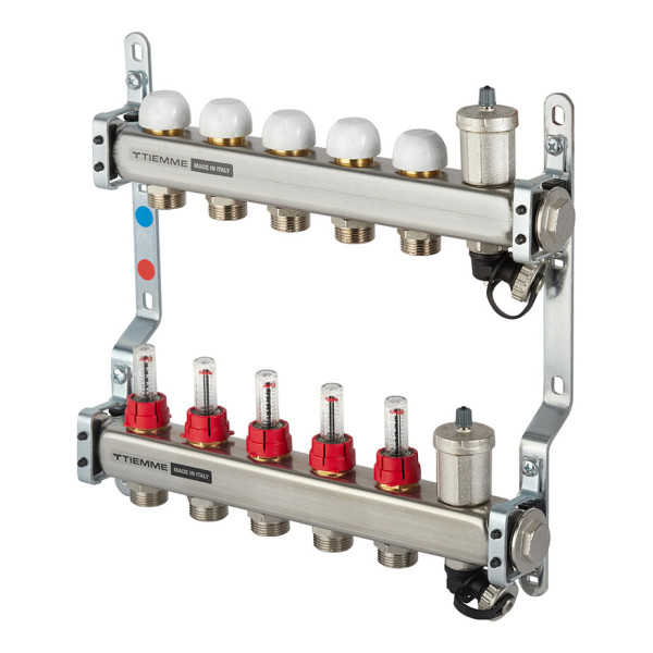 Коллекторная группа Tiemme 5 отводов 1"-3/4" НР ЕК M30х1,5 мм. с расходомерами (нерж.ст) (3920131)