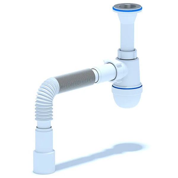 Сифон 32 мм. (1 1/4"*40 мм.) бутылочный АНИ с литым выпуском 1 1/4"*65 мм., с гибкой трубой 40*40/50 АНИ пласт (C2015)