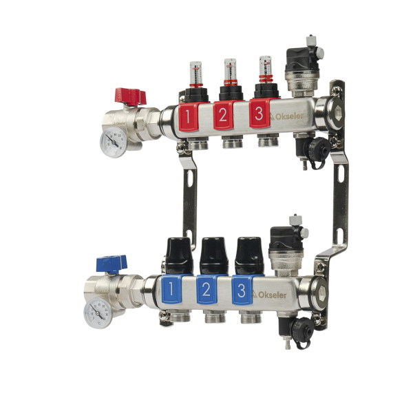 Коллекторная группа 3 отвода 1"*3/4"(18) ЕК с расходомерами Okseler (нерж.ст) с автоматическими воздухоотводчикоми и шаровыми кранами с термометрами (