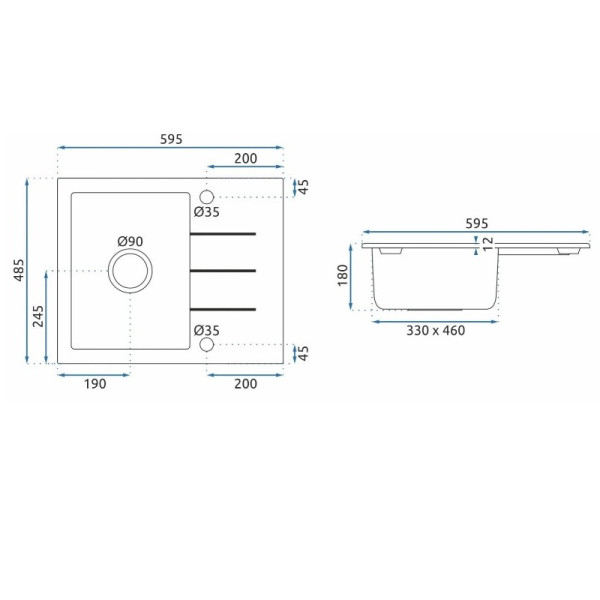 Мойка для кухни Rea north black metalic гранит 59,5x48,5x18 черная металлик (ZLE-00126)