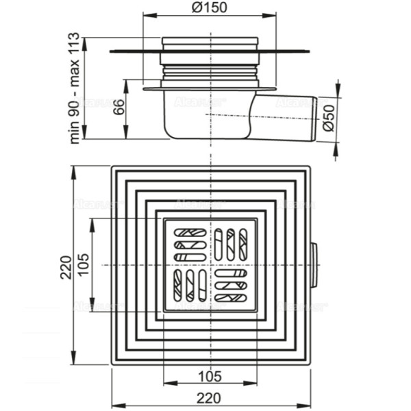 Душевой трап Alcaplast 105*105/50 боковой сток, решетка нержавеющая сталь, воротник изоляции 2–го уровня, гидрозатвор сухой (APV26C)