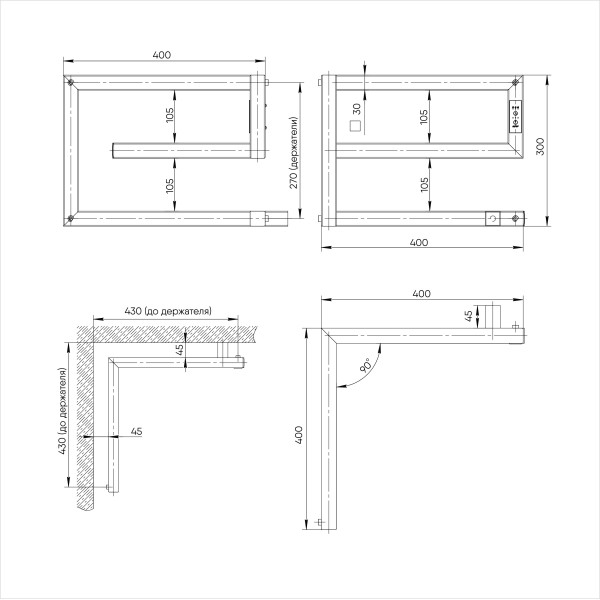 Полотенцесушитель электрический Indigo Korfu 300x400x400 таймер, скрыт.провод справа, Черный муар, угловой (DGK30-40-40BRRt)