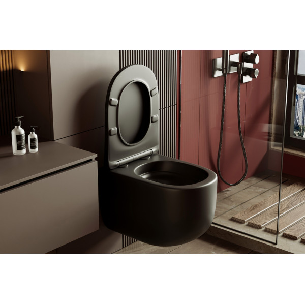Унитаз подвесной Abber Bequem безободковый, смыв торнадо черный матовый (AC1104TMB)