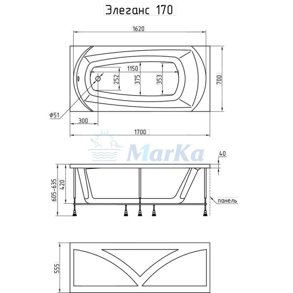 Ванна акриловая 1MarKa Elegance 170*70 без гидромассажа