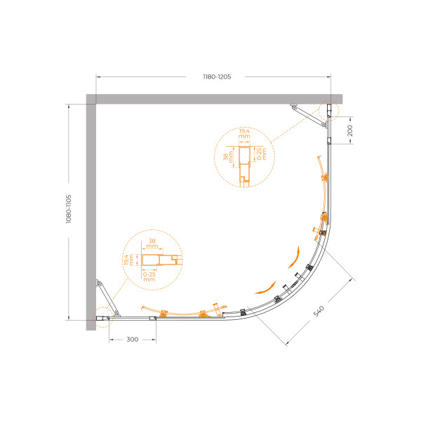Душевой уголок Cezares Molveno 120x110x195 стекло матовое рифленое, профиль хром (MOLVENO-RH-22-120/110-P-Cr)
