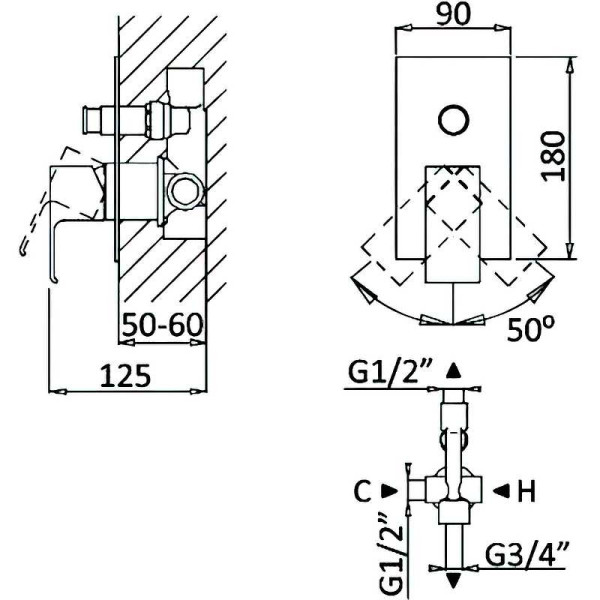 Смеситель для душа Cezares Porta встраиваемый, черный матовый (PORTA-VDIM-NOP)