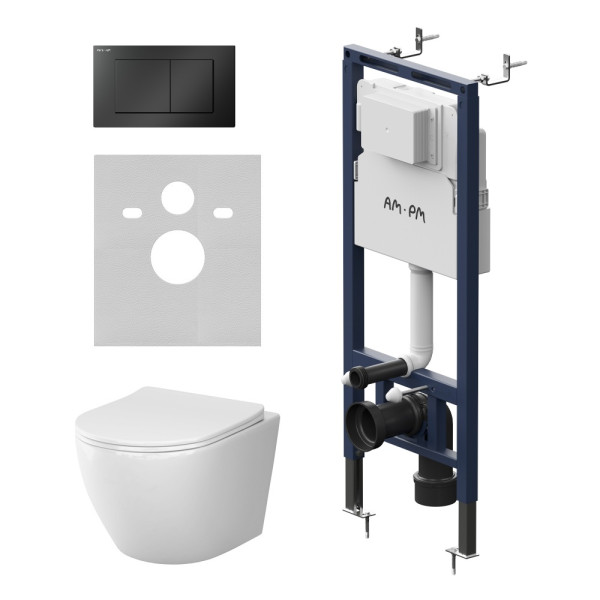 Комплект инсталляция с унитазом AM.PM MasterFit с клав S черная матовая с подвесным унитазом Like AquaSpin 2.0 (IS130238.801901)