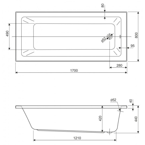 Ванна акриловая Cezares Plane Solo Mini 170x80x60 белый (PLANE SOLO MINI-170-80-42-W37)