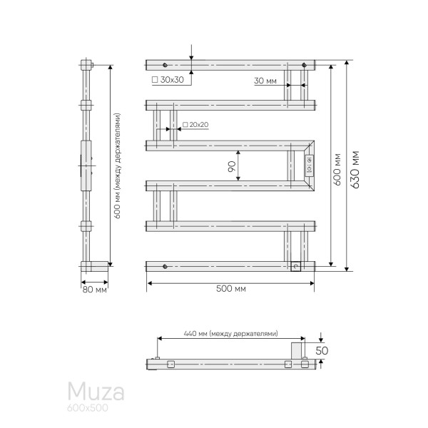 Полотенцесушитель электрический Indigo Muza 60x50 таймер, скрытый провод справа, черный муар (DGM60-50BRRt)