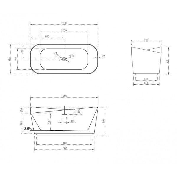 Ванна из искусственного камня Abber Stein 170x75 белая матовая (AS9609)