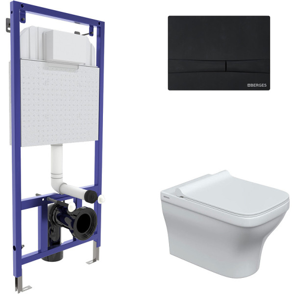 Комплект инсталляция с унитазом Berges Novum c с кнопкой F5 черная SoftTouch, унитаз Strati Rimless, сидение Strati Slim SO (042451)