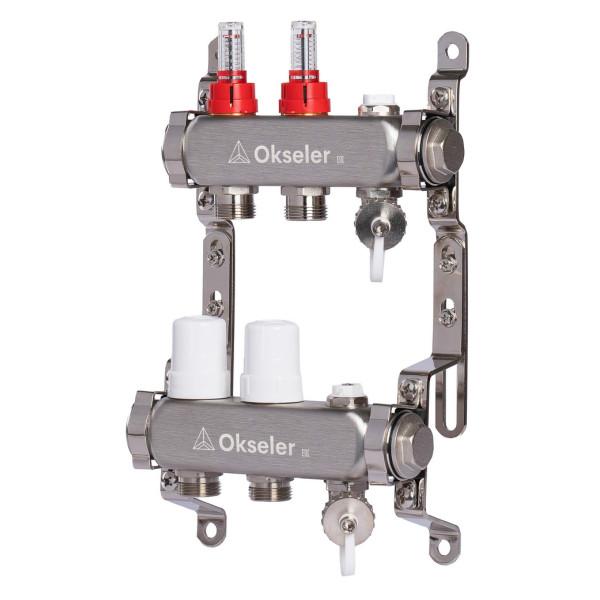 Коллекторная группа 2 отвода 1"*3/4"(18) ЕК с расходомерами Okseler (нерж.ст) с дренажным краном и краном Маевского (Oks00312)