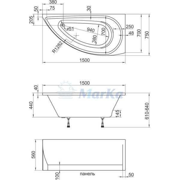 Ванна акриловая 1Marka Piccolo 150x75 правосторонняя белая (01пк1770п)