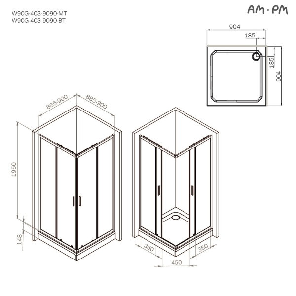 Душевой уголок AM.PM Gem 90x90x195 стекло прозрачное, профиль хром матовый (W90G-403-9090MT) Душевой уголок AM.PM Gem 90x90x195 стекло прозрачное, профиль хром матовый (W90G-403-9090MT)