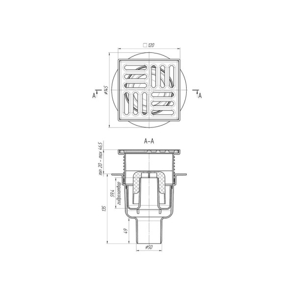 Трап вертикальный 50 мм. (120*120) АНИ регулируемый, с гидрозатвором (решетка нерж.ст.) АНИ пласт (TA5714)