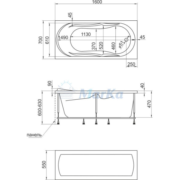 Ванна акриловая Marka One Vita 160х70 без гидромассажа