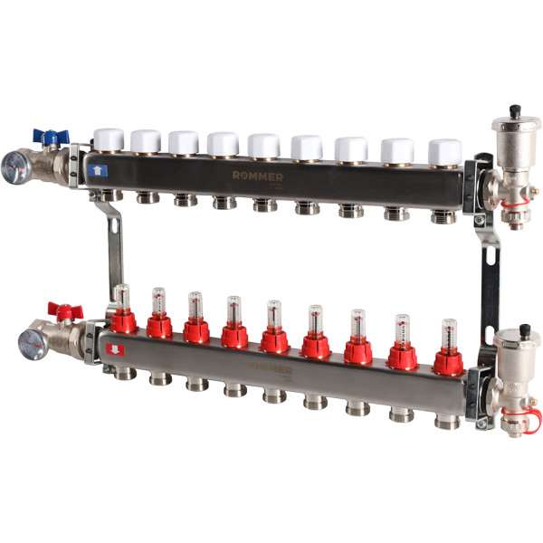 Коллекторная группа Rommer 9 отводов 1"x3/4" в сборе с расходомерами (нерж.сталь) (RMS-1210-000009)