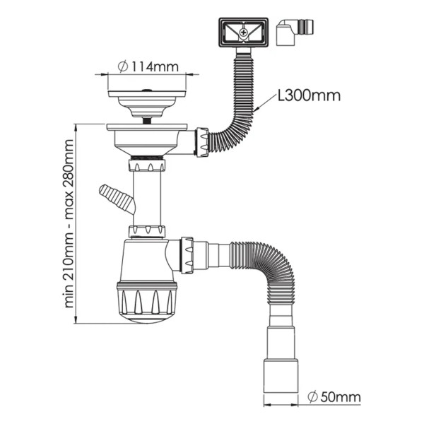 Сифон 40 мм бутылочный Nova Эконом 3 1/2"х114 мм с 1-им отв., прямоуг. переливом и гибкой трубой 1 1/2"х40/50 (1035)