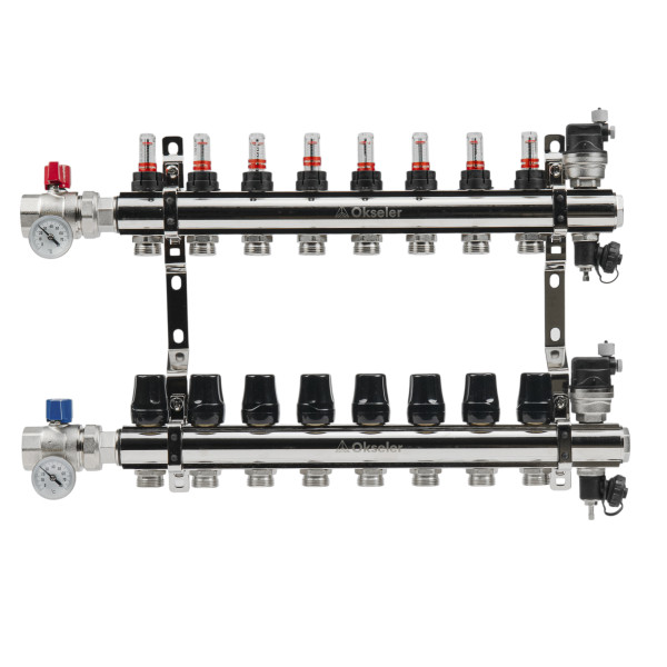 Коллекторная группа 8 отводов 1"*3/4"(18) ЕК с расходомерами Okseler (латунь) с автоматическими воздухоотводчикоми и шаровыми кранами с термометрами (
