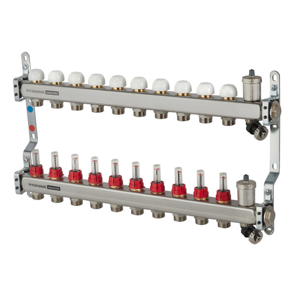 Коллекторная группа Tiemme 10 отводов 1"-3/4" НР ЕК M30х1,5 мм. с расходомерами (нерж.ст) (3920136)