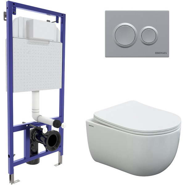 Комплект инсталляция с унитазом Berges Novum525 c с кнопкой О2 матовый хром, унитаз VENTAS Rimless, сиденье Ventas Slim SO (043240)