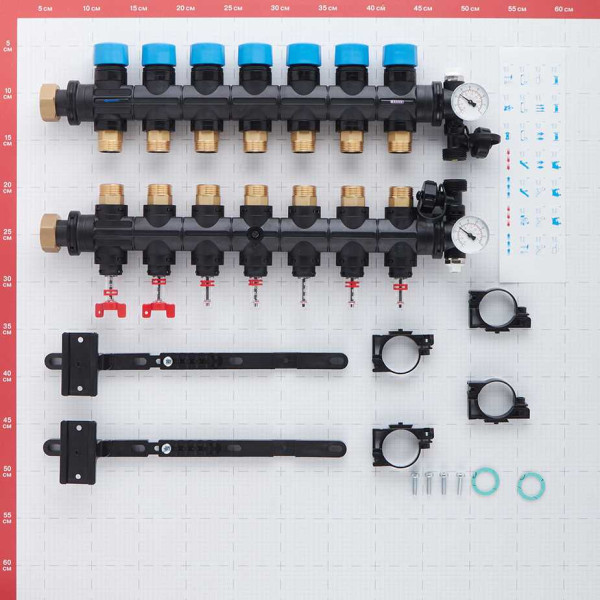 Коллекторная группа Henco 7 отводов 1"-3/4" НР ЕК M30х1,5 мм. с расходомерами и термометрами (композит) (UFH-0605MDK07-03L)