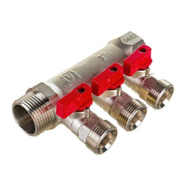 Коллектор 3 отв. с шар. клапанами 1"*3/4(18) евроконус Valtec (никель) красные ручки (VTc.580.NE.0603) Коллектор 3 отв. с шар. клапанами 1"*3/4(18) евроконус Valtec (никель) красные ручки (VTc.580.NE.0603)