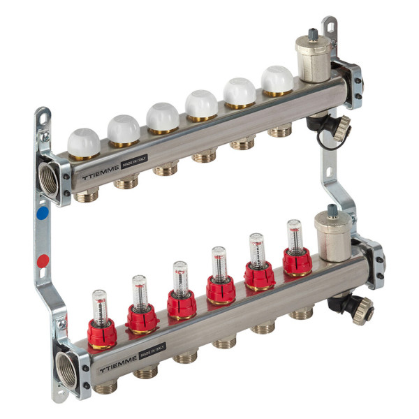 Коллекторная группа Tiemme 6 отводов 1"-3/4" НР ЕК M30х1,5 мм. с расходомерами (нерж.ст) (3920132)