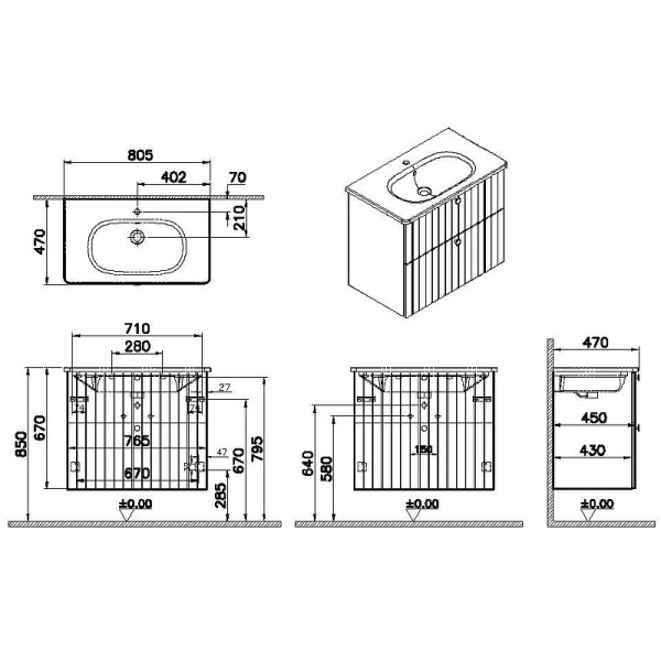 ТУмба подвесная Vitra Root Groove 80 см с круглой раковиной, 2 ящика, матовый белый (69436)