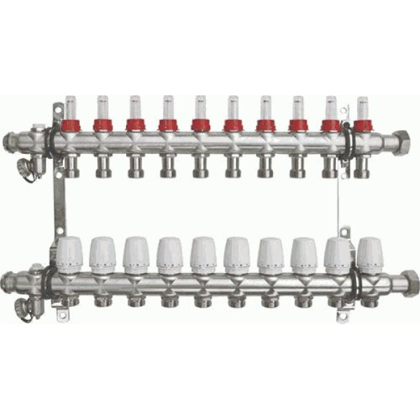Коллекторная группа 10 отводов 1"*3/4"(18)EK с накидной гайкой и расходомерами TeRma (нерж.ст) (14263)