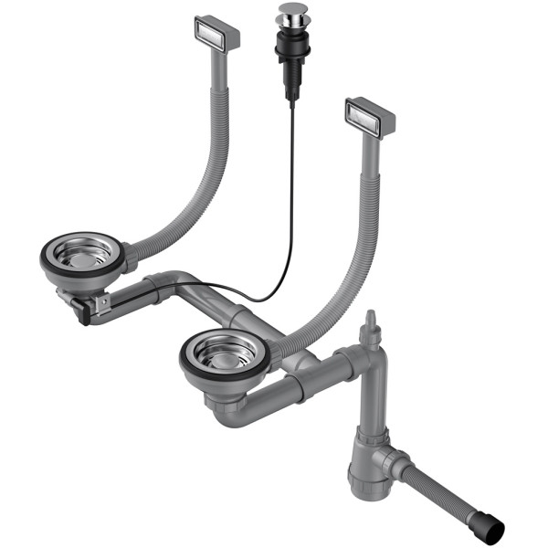 Сифон для двухчашевых моек Omoikiri с прямоугольными переливами, декоративными решетками и клапаном-автомат WK-2-IN-A сталь нержавеющая (4956484)