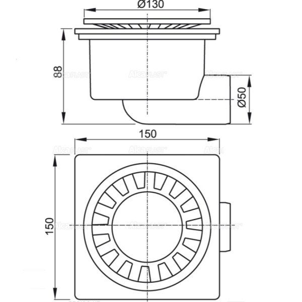 Трап душевой горизонтальный AlcaPlast / AlcaDrain 150x150/50 мм с решеткой, белая решетка пластик, боковой слив D50, мокрый гидрозатвор (APV15) Трап душевой горизонтальный AlcaPlast / AlcaDrain 150x150/50 мм с решеткой, белая решетка пластик, боковой слив D50, мокрый гидрозатвор (APV15)