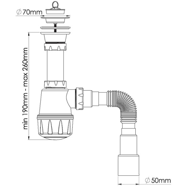 Сифон 40 мм бутылочный Nova 1 1/2"х70 мм с гибкой трубой 1 1/2"х40/50 (1060)