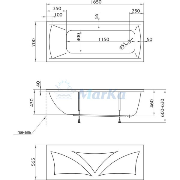 Ванна акриловая 1Marka Modern 165x70 белая (01мод16570)