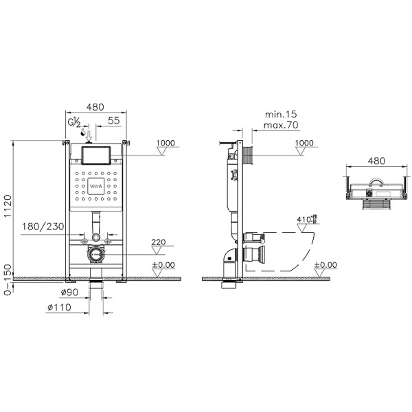 Комплект инсталляция с унитазом Vitra Zentrum Round с клавишей смыва, с сиденьем с soft-close (9879B003-7200)