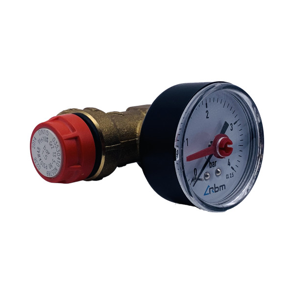 Клапан предохранительный с манометром RBM 1/2"ВВ 1,5 бар (353.04.10) Клапан предохранительный с манометром RBM 1/2"ВВ 1,5 бар (353.04.10)
