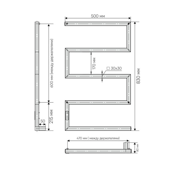 Полотенцесушитель электрический Sparta 800x500 таймер, скрыт.провод справа, Полиров. ( DGS80-50Rt)