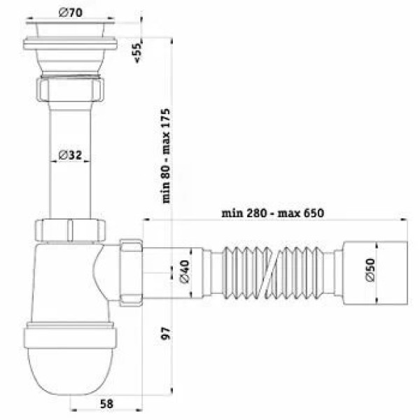 Сифон 40 мм. бутылочный АНИ с выпуском 1 1/2"*70 мм. с гибкой трубой 40*50 АНИ пласт (C0110) Сифон 40 мм. бутылочный АНИ с выпуском 1 1/2"*70 мм. с гибкой трубой 40*50 АНИ пласт (C0110)