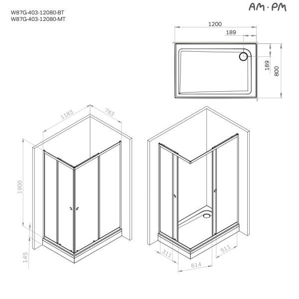 Душевой уголок AM.PM Sunny 118,3x78,3x190 стекло прозрачное, профиль хром матовый (W87G-403-12080-MT)