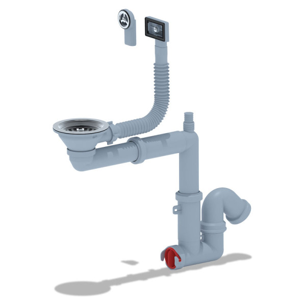 Сифон 40 мм. трубный АНИ "F серия" с выпуском 3 1/2"*115 мм., с отводом для стир.машины и гибким круглым и прямоугольным переливом (смещенный) АНИ пла