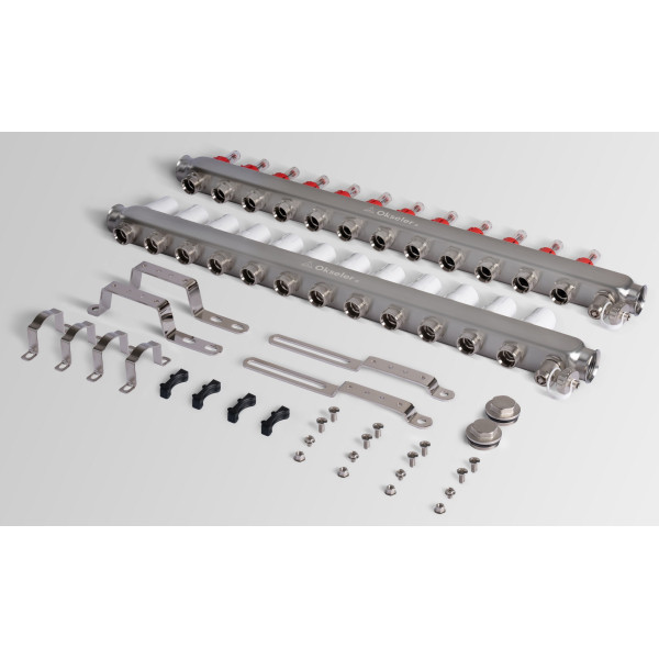 Коллекторная группа 12 отводов 1"*3/4"(18) ЕК с расходомерами Okseler (нерж.ст) с дренажным краном и краном Маевского (Oks00322)