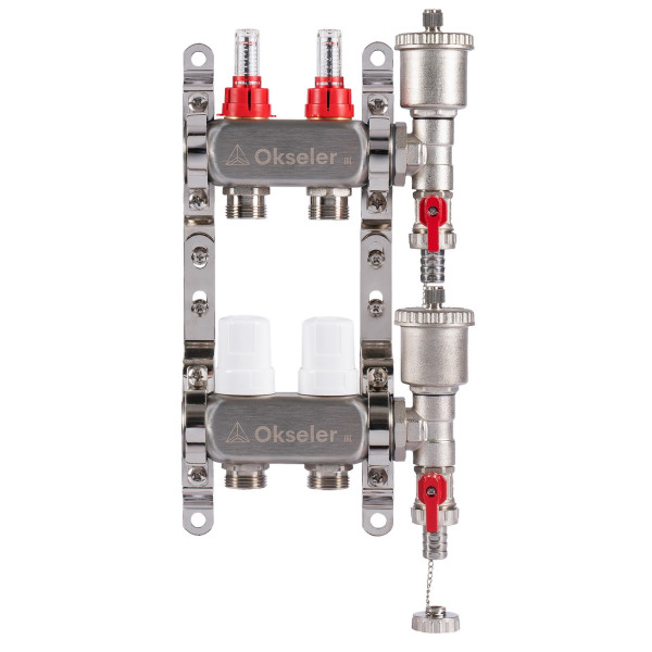 Коллекторная группа 2 отвода 1"*3/4"(18) ЕК с расходомерами Okseler (нерж.ст) с автоматическим воздухоотводчиком и спускным краном (Oks00340)