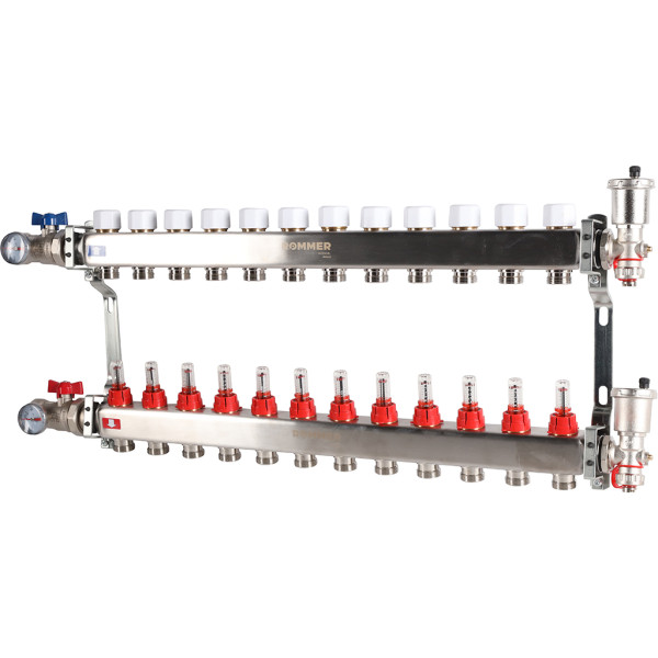 Коллекторная группа Rommer 12 отводов 1"x3/4" в сборе с расходомерами (нерж.сталь) (RMS-1210-000012)