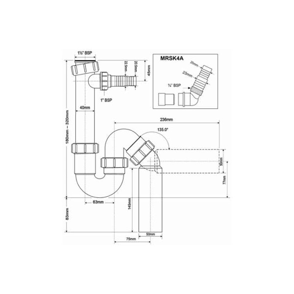 Сифон для раковины McAlpine 40 мм. трубный S-обр. без выпуска с отводом для подключения бытовой техники (D40/50) (MRSK4A) Сифон для раковины McAlpine 40 мм. трубный S-обр. без выпуска с отводом для подключения бытовой техники (D40/50) (MRSK4A)