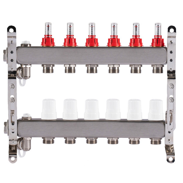 Коллекторная группа 6 отводов 1"*3/4"(18) ЕК с расходомерами Okseler (нерж.ст) с дренажным краном и краном Маевского (Oks00316)