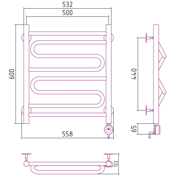 Полотенцесушитель электрический Стилье Формат 22 600x500 правый, хром (00522-6050) Полотенцесушитель электрический Стилье Формат 22 600x500 правый, хром (00522-6050)