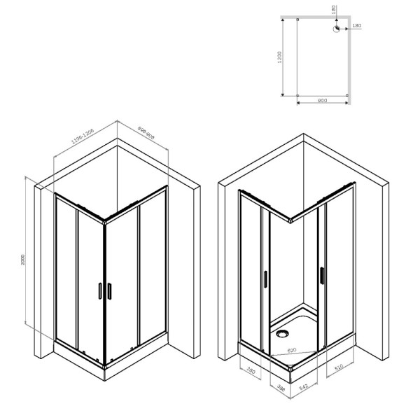 Душевое ограждение AM.PM Gem S 90x120x200 стекло прозрачное, профиль черный матовый (W93G-404-120290-BT)