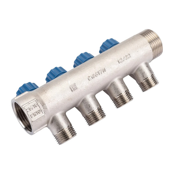 Коллектор 4 отв. регулируемый 1"*1/2"Н Valtec (никель, с комплектом ручек) (VTc.560.N.0604) Коллектор 4 отв. регулируемый 1"*1/2"Н Valtec (никель, с комплектом ручек) (VTc.560.N.0604)